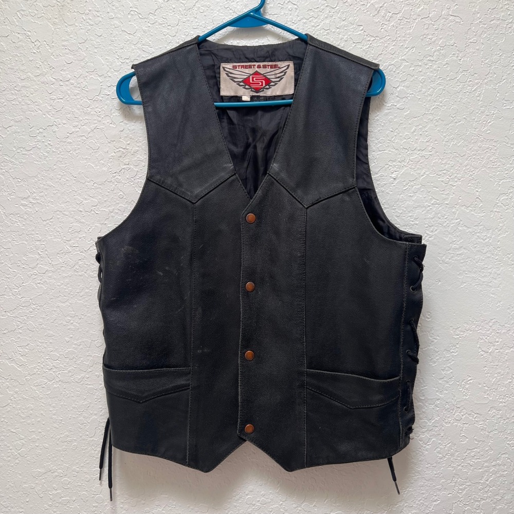 Street & Steel Mens Black Leather Motorcycle Vest Side Lace Biker Size 40/Medium